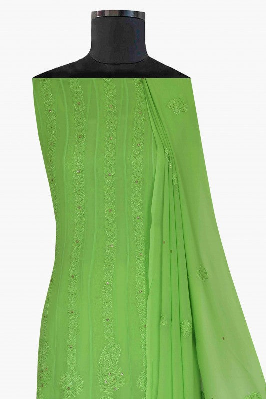 Ada Hand Embroidered Parrot Green Georgette Lucknowi Chikankari Semi-Stitched Anarkali Kurta Dupatta Set With Muqaish Work A619753