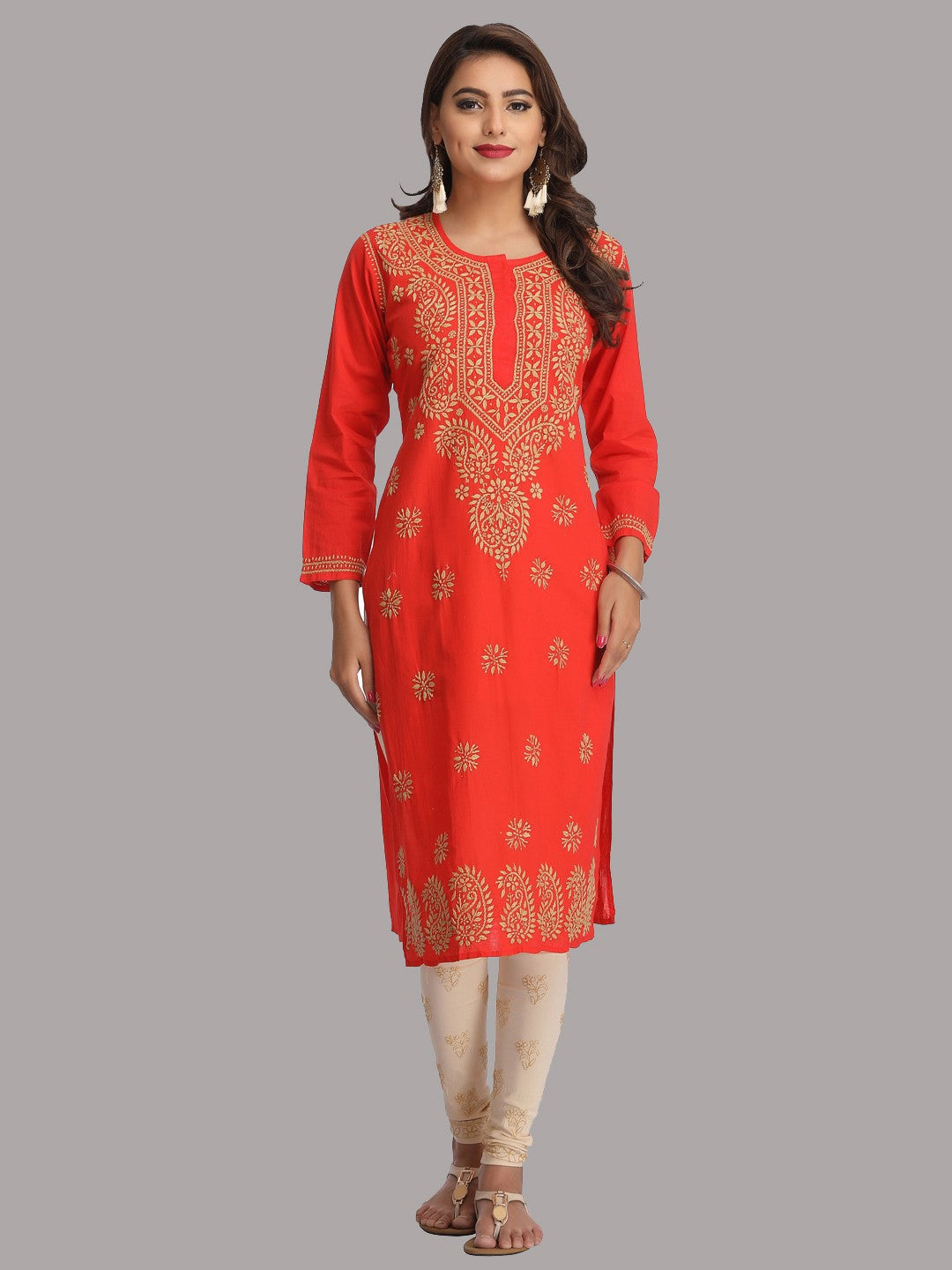 Ada Hand Embroidered Carrot Pink Cotton Lucknowi Chikankari Straight Kurta A188269