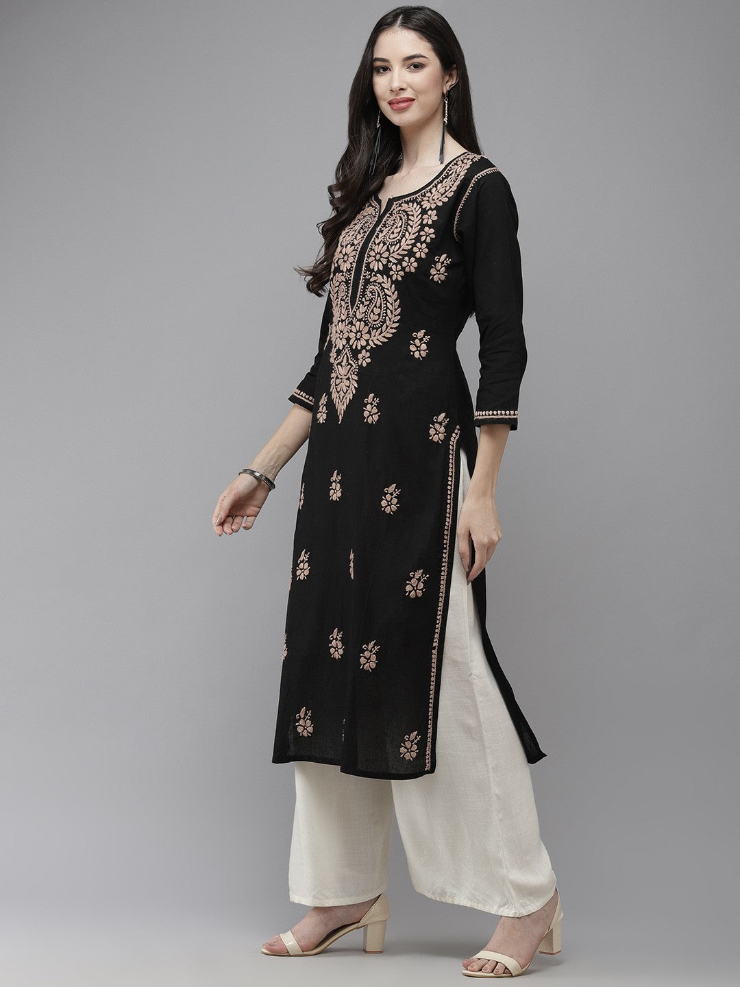 Ada Hand Embroidered Black Cotton Lucknow Chikankari Straight Kurta A411338