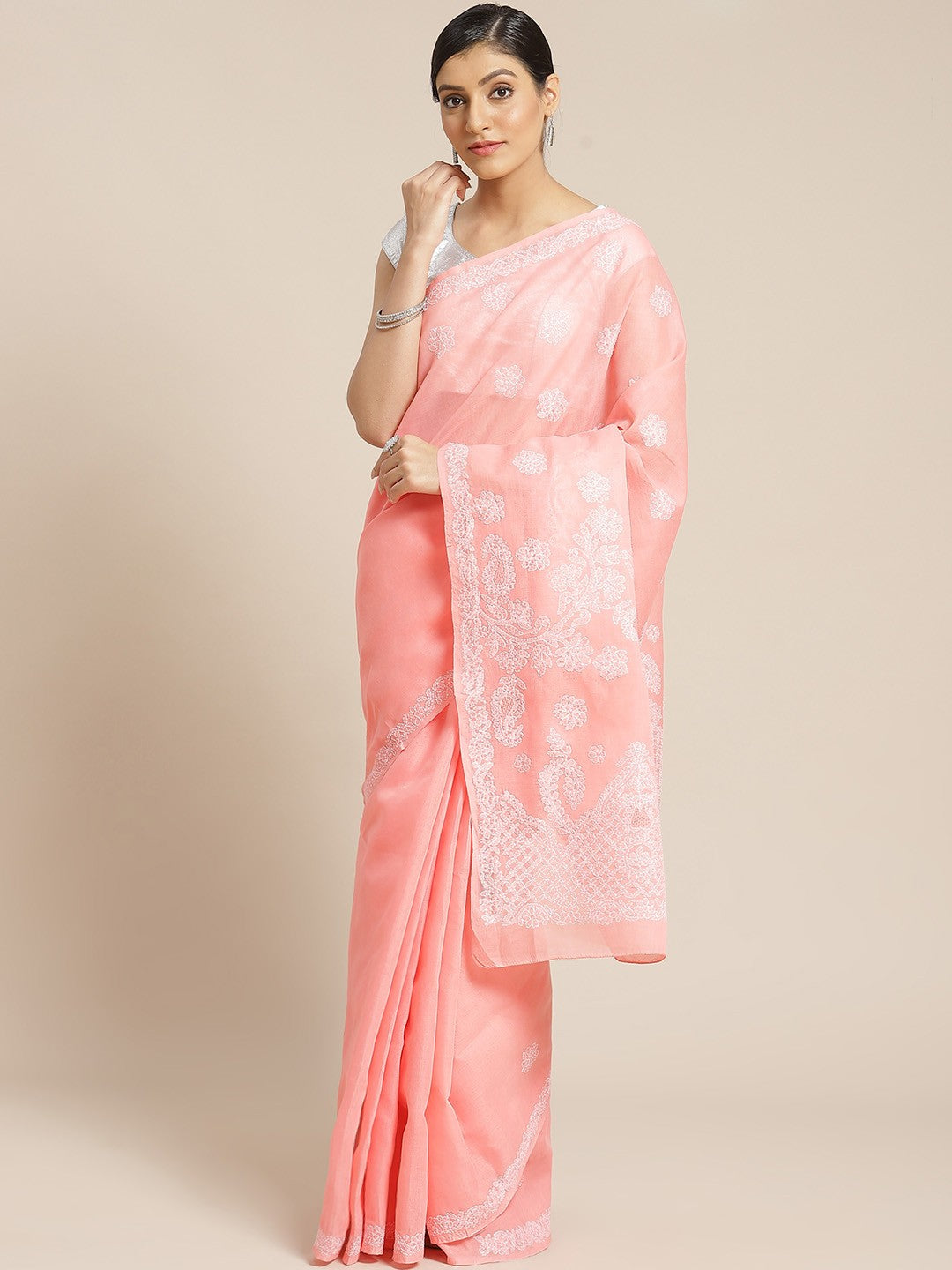 Ada Hand Embroidered Peach Cotton Lucknow Chikan Saree With Blouse- A311146