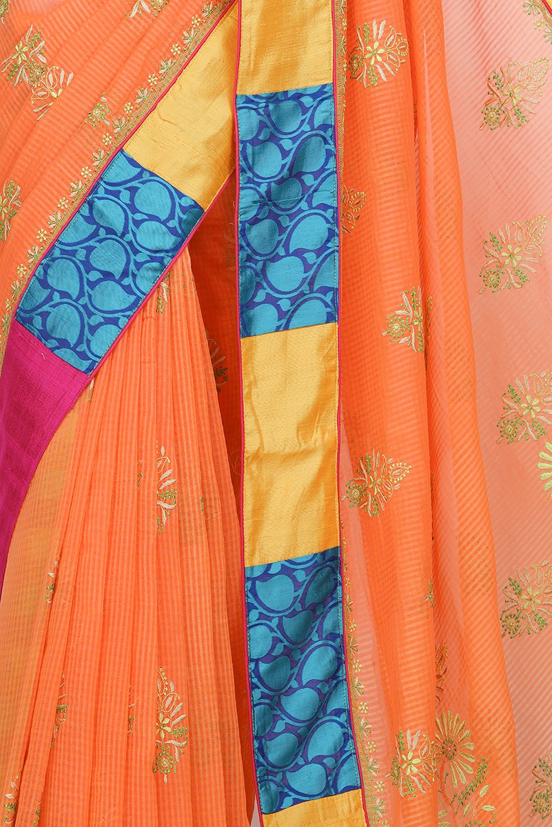 Ada Hand Embroidered Orange Kota Lucknowi Chikankari Saree With Blouse A56516