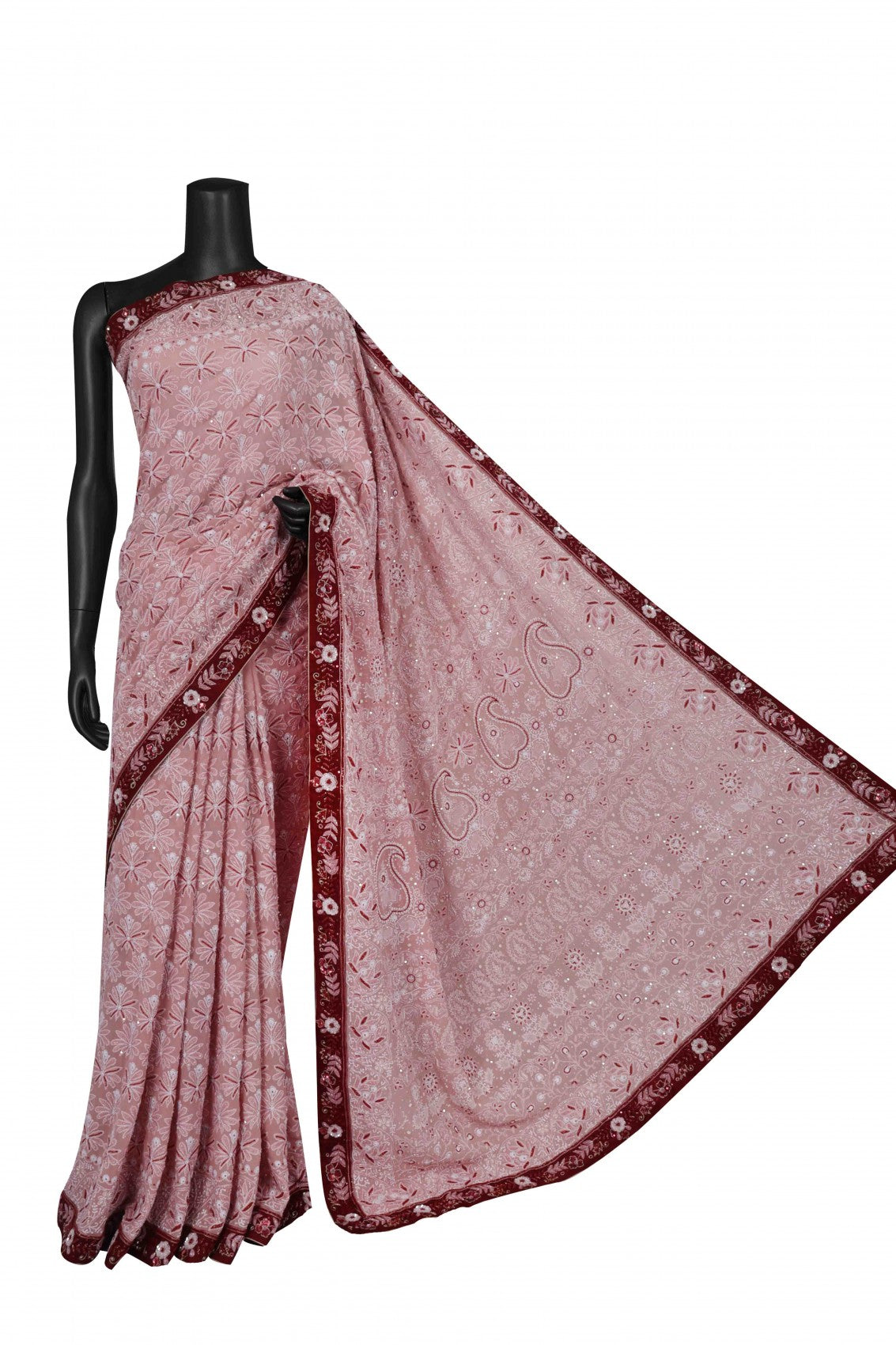 Ada Hand Embroidered Onion Pink Pure Georgette Lucknowi Chikankari Saree/Blouse With Cutdana Work 01A114645