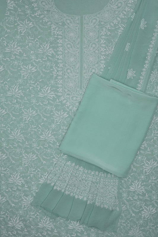 Ada Hand Embroidered Sea Green Pure Georgette Chikan Unstitched Suit Piece- A49696