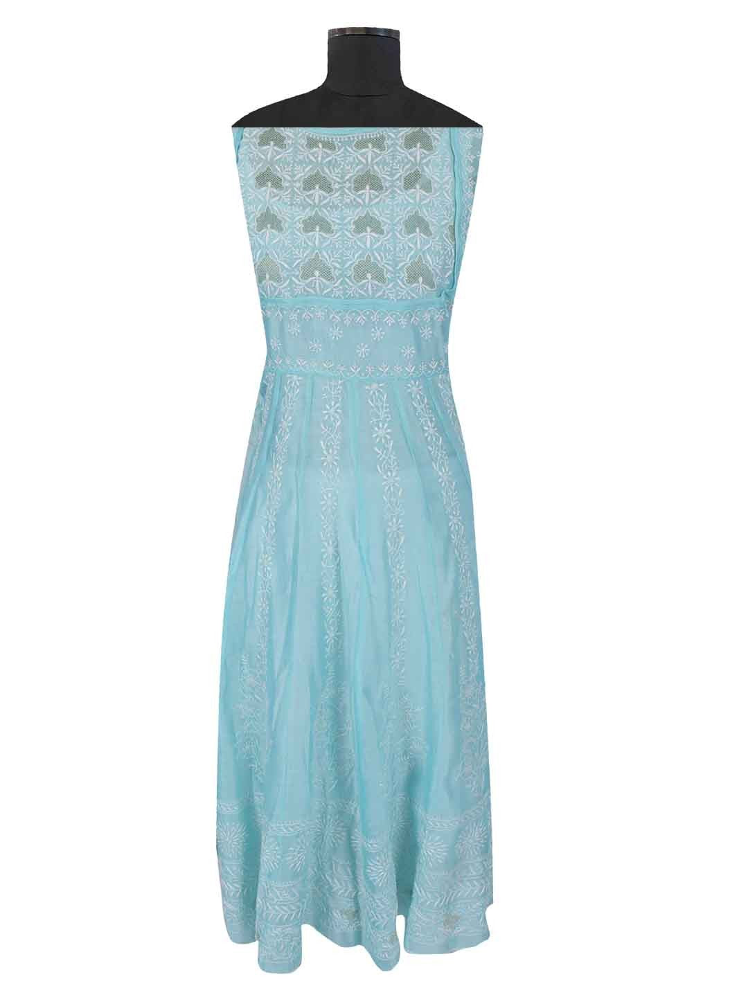 Ada Hand Embroidered Tame Teal Blue Chanderi Lucknowi Chikankari Semi-Stitched Anarkali Kurta Dupatta Set With Zari Work 01A205806