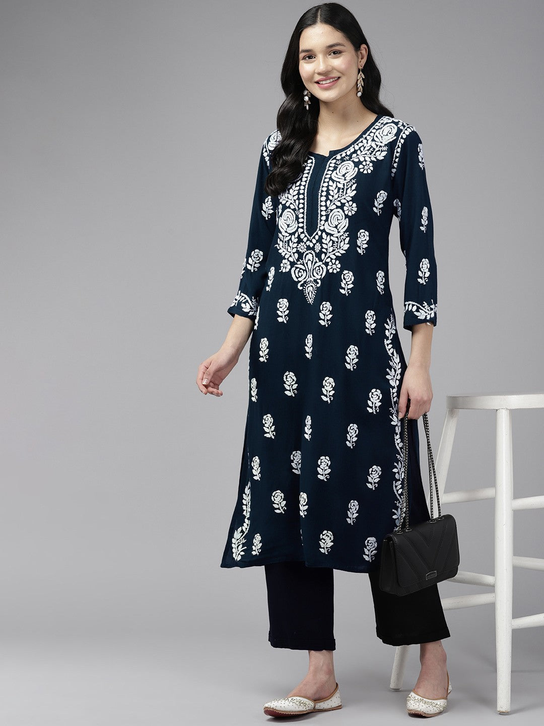 Ada Hand Embroidered Navy Blue Rayon Lucknowi Chikankari Straight Kurta A411447