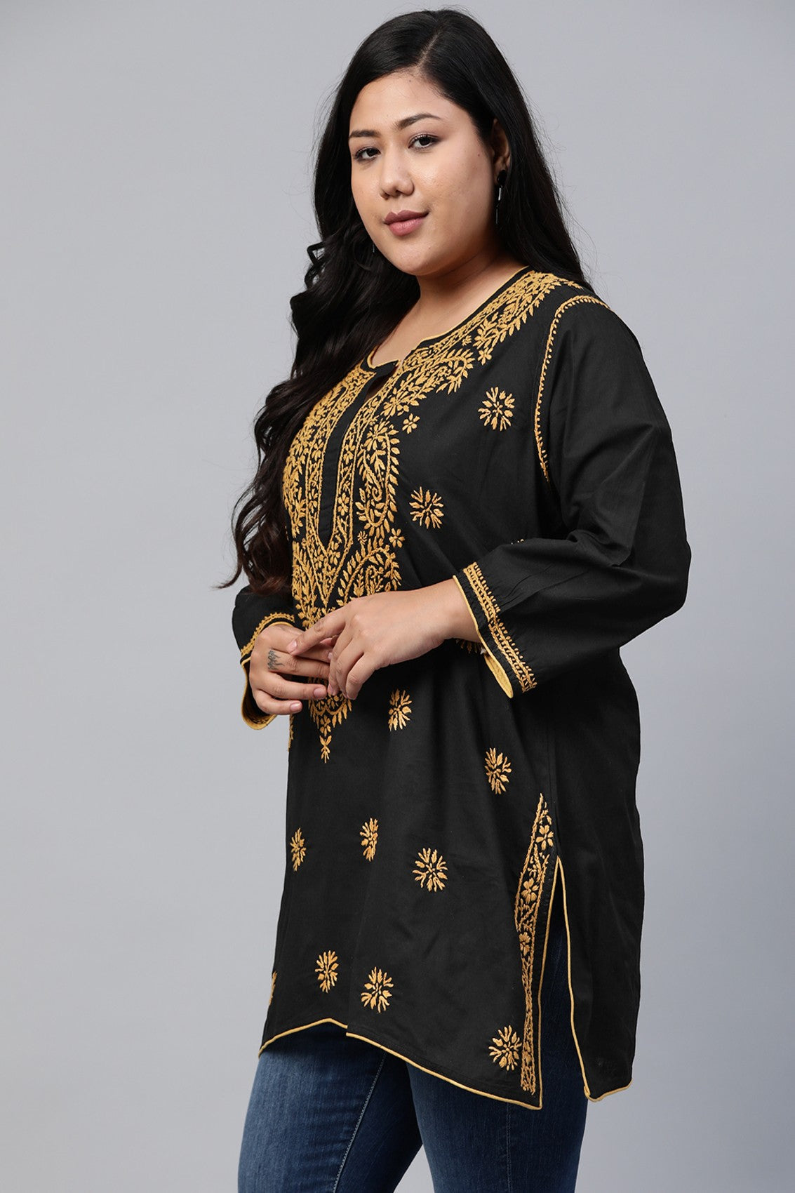 Ada Hand Embroidered Black Cotton Lucknowi Chikankari Straight Kurti A250295