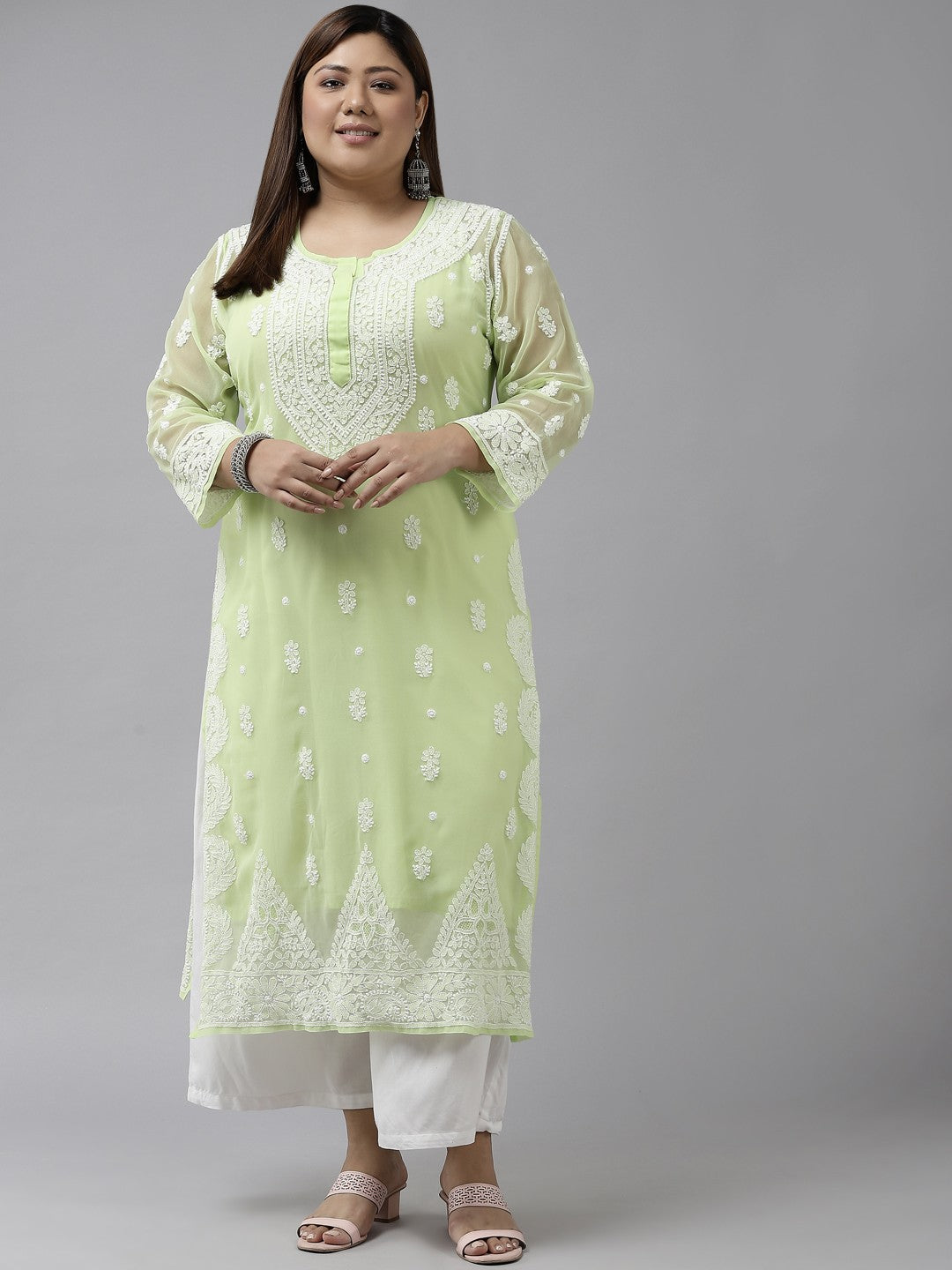 Ada Hand Embroidered Green Georgette Lucknowi Chikankari Straight Kurta With Slip A411199
