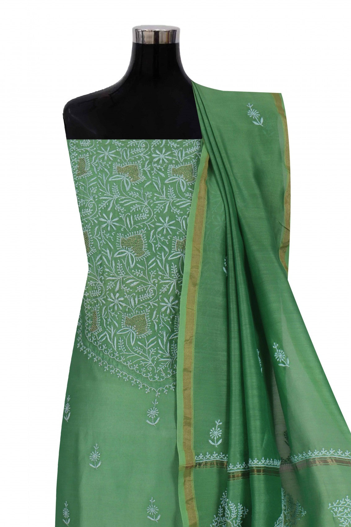 Ada Hand Embroidered Pickle Green Chanderi Lucknowi Chikankari Semi-stitched Kurta Dupatta Set With Zari Work 01A129514