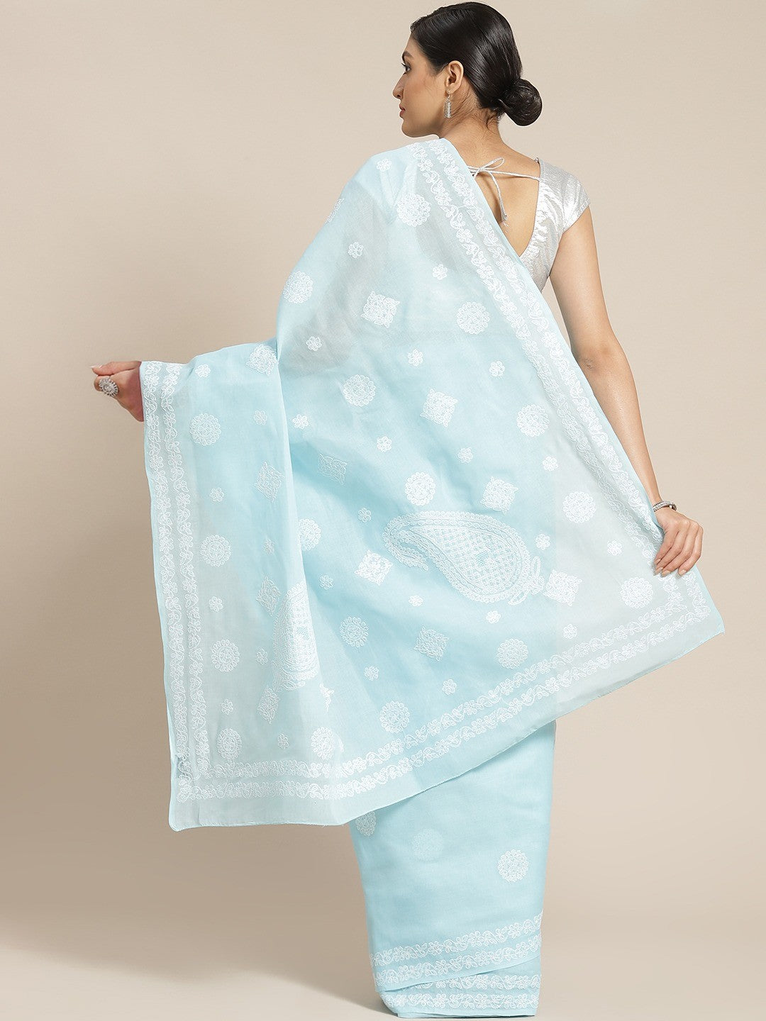 Ada Hand Embroidered Blue Cotton Lucknow Chikan Saree With Blouse A311130