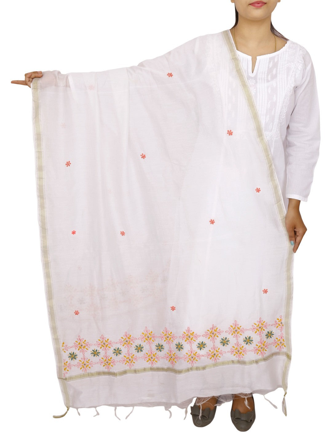 Ada Hand Embroidered White Chanderi Lucknowi Chikankari Dupatta A470788