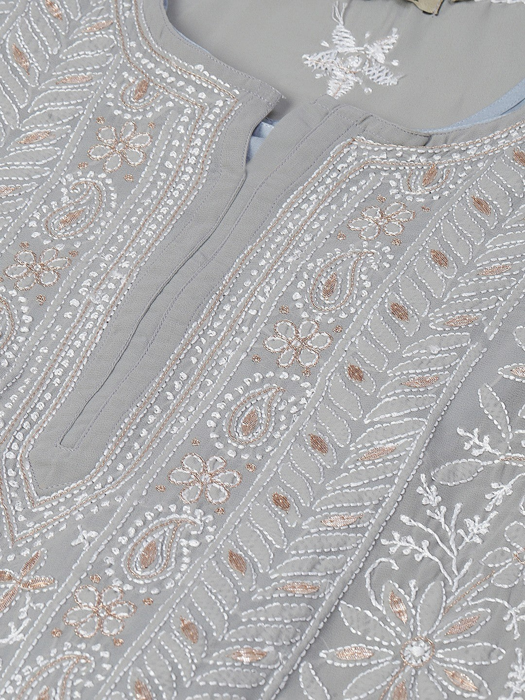 Ada Hand Embroidered Grey Georgette Lucknow Chikankari Straight Kurta/Slip with Gota patti Work A411115