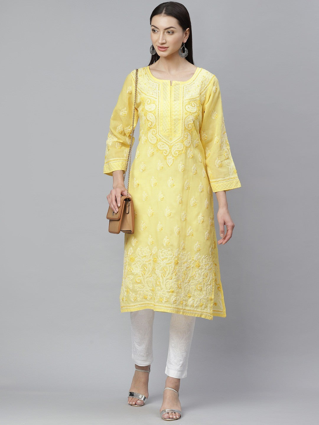 Ada Hand Embroidered Yellow Cotton Lucknowi Chikankari Straight Kurta With Trouser Set A811136