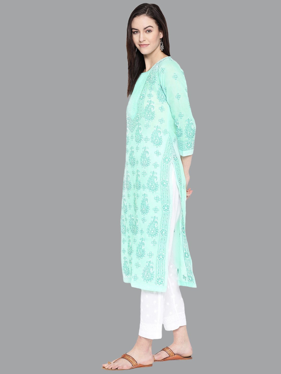 Ada Hand Embroidered Sea Green Cotton Lucknowi Chikankari Kurta with Palazzo Set A100217
