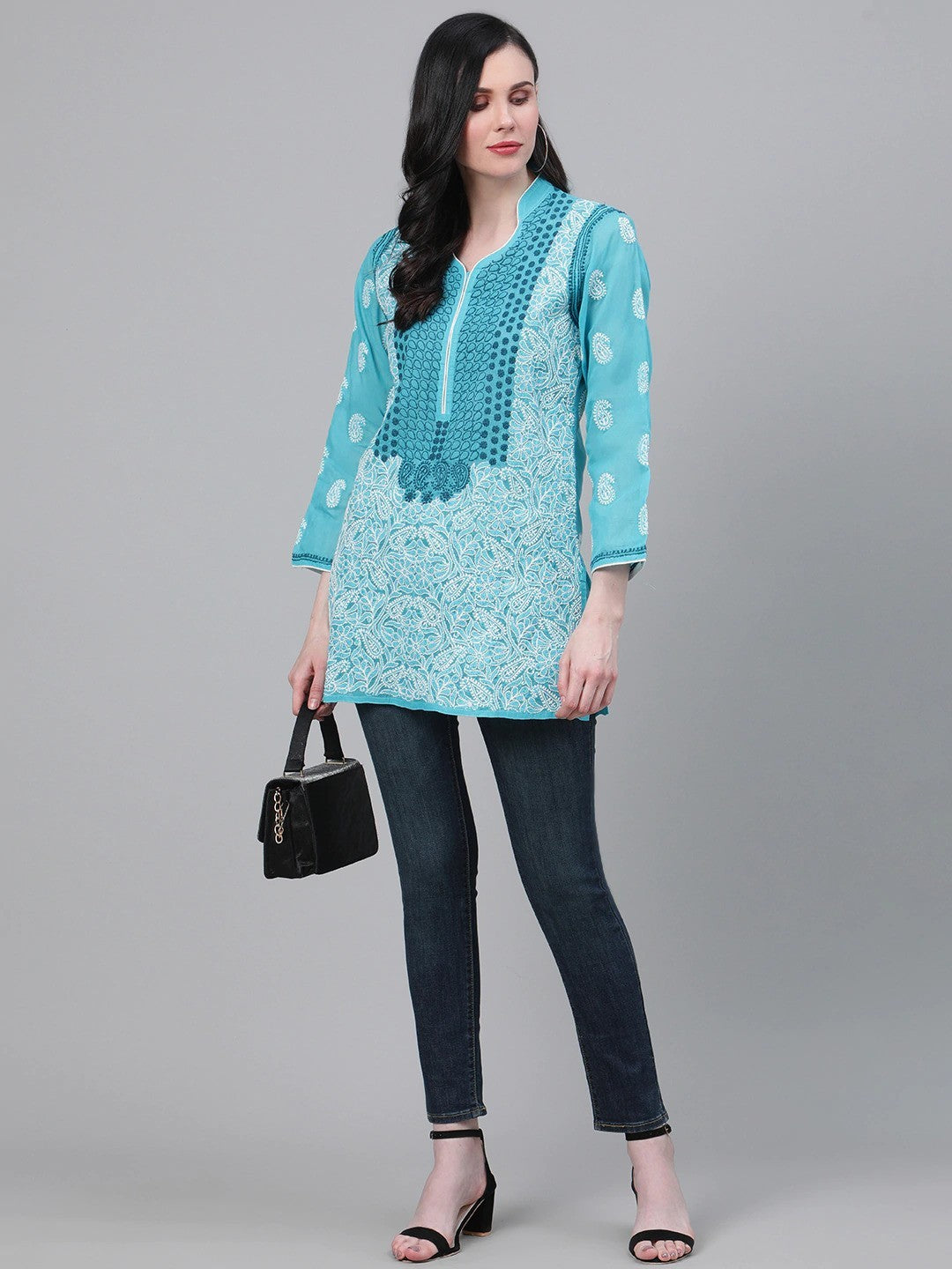 Ada Hand Embroidered Blue Cotton Lucknow Chikan Kurti -A259137