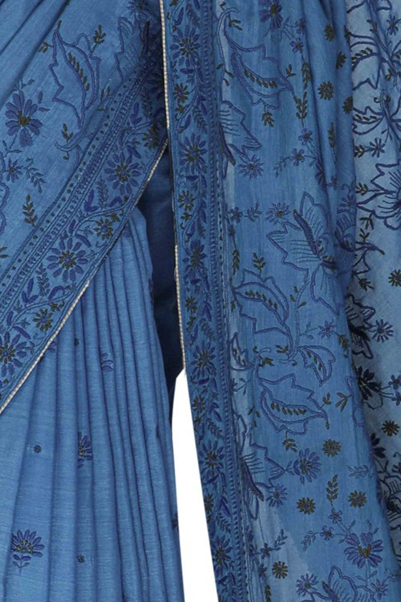Ada Hand Embroidered Yale Blue Cotton Lucknow Chikan Saree With Blouse-A128656