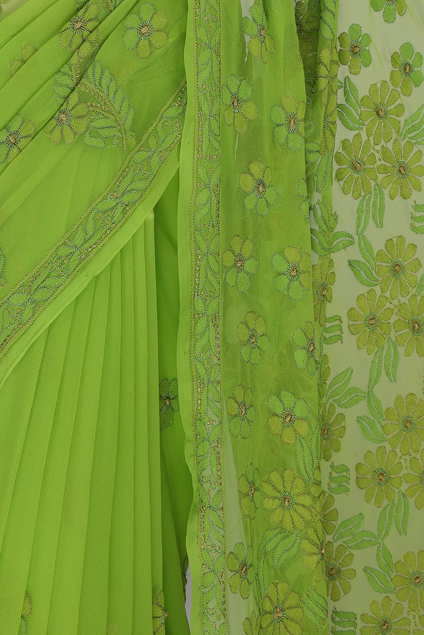 Ada Hand Embroidered Pear Green Georgette Lucknowi Chikankari Saree with Blouse A630395