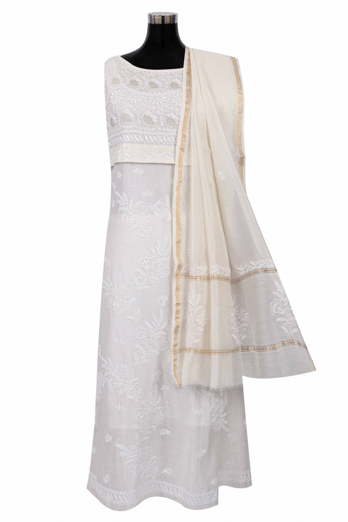 Ada Hand Embroidered Off White Chanderi Lucknowi Chikankari Semi-stitched Kurta Dupatta Set With Zari Work 01A124160