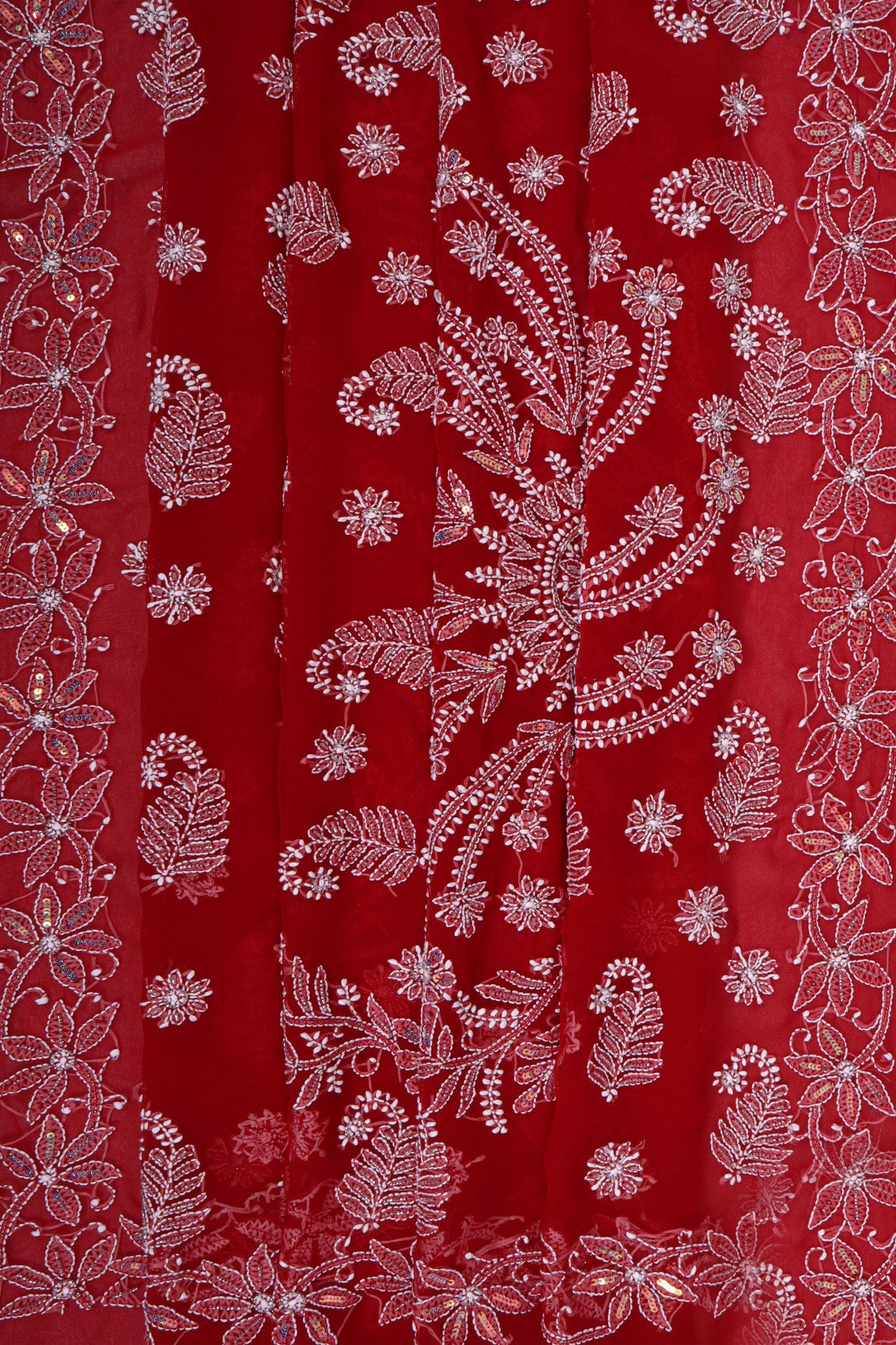 Ada Hand Embroidered Red Georgette Lucknowi Chikankari Saree/Blouse With Cutdana Work 01A194046