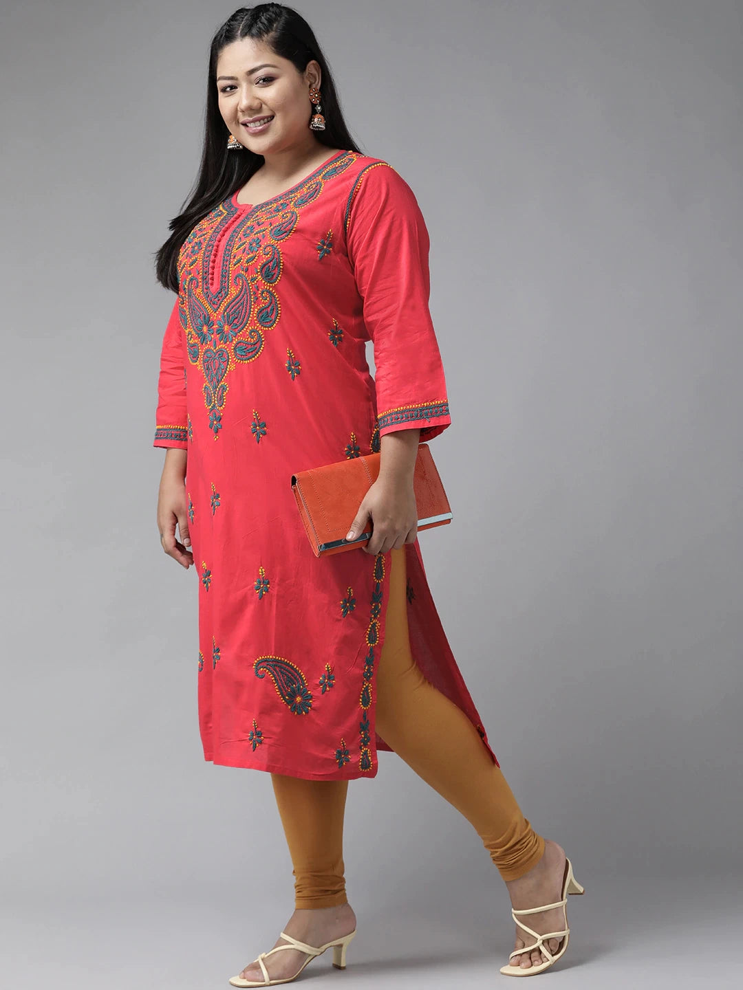 Ada Hand Embroidered Carrot Pink Cotton Lucknowi Chikankari Straight  Kurta A223764