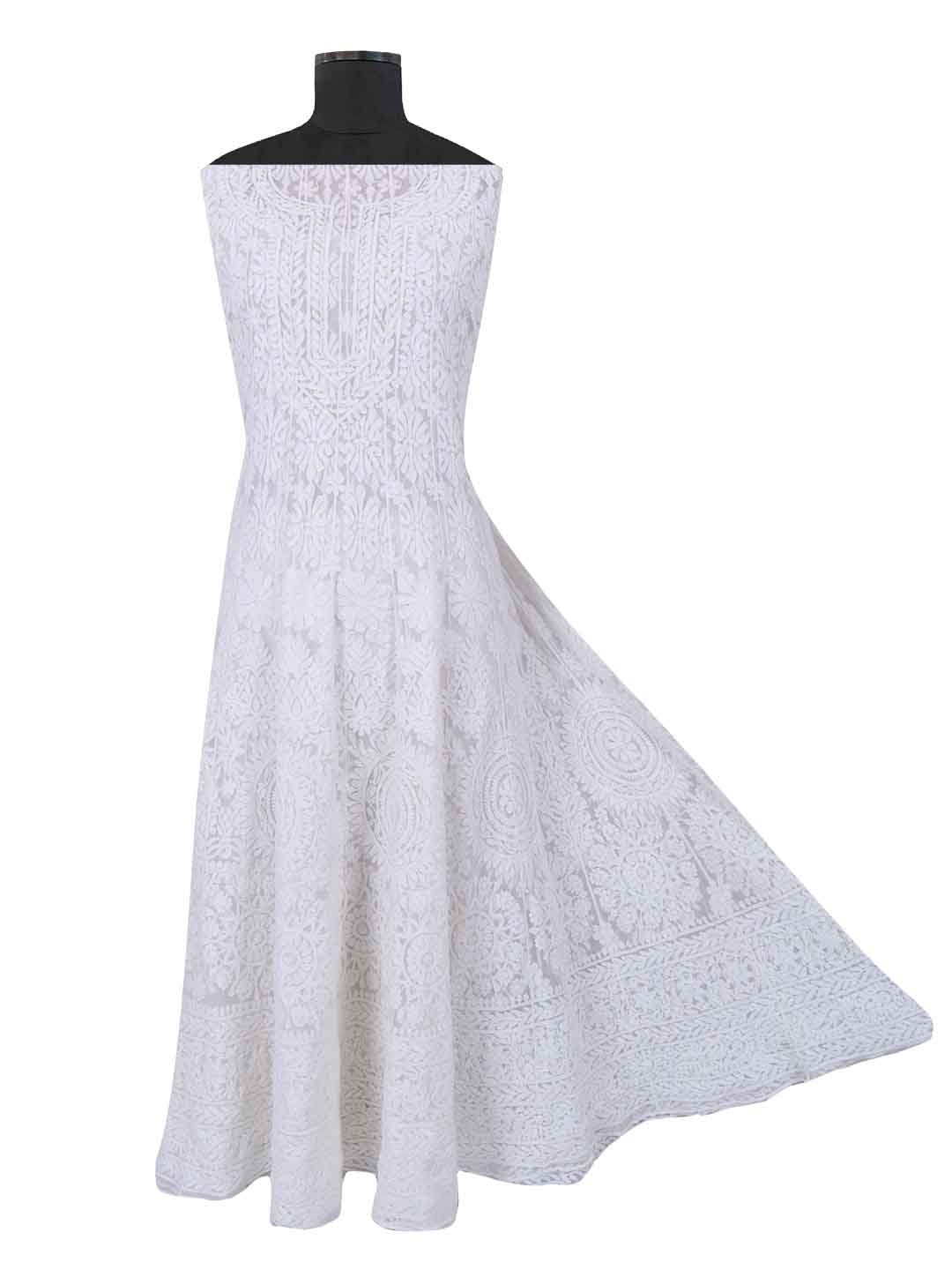 Ada Hand Embroidered White Net Lucknowi Chikankari Semi-stitched Anarkali Kurta Dupatta Set 01A167418