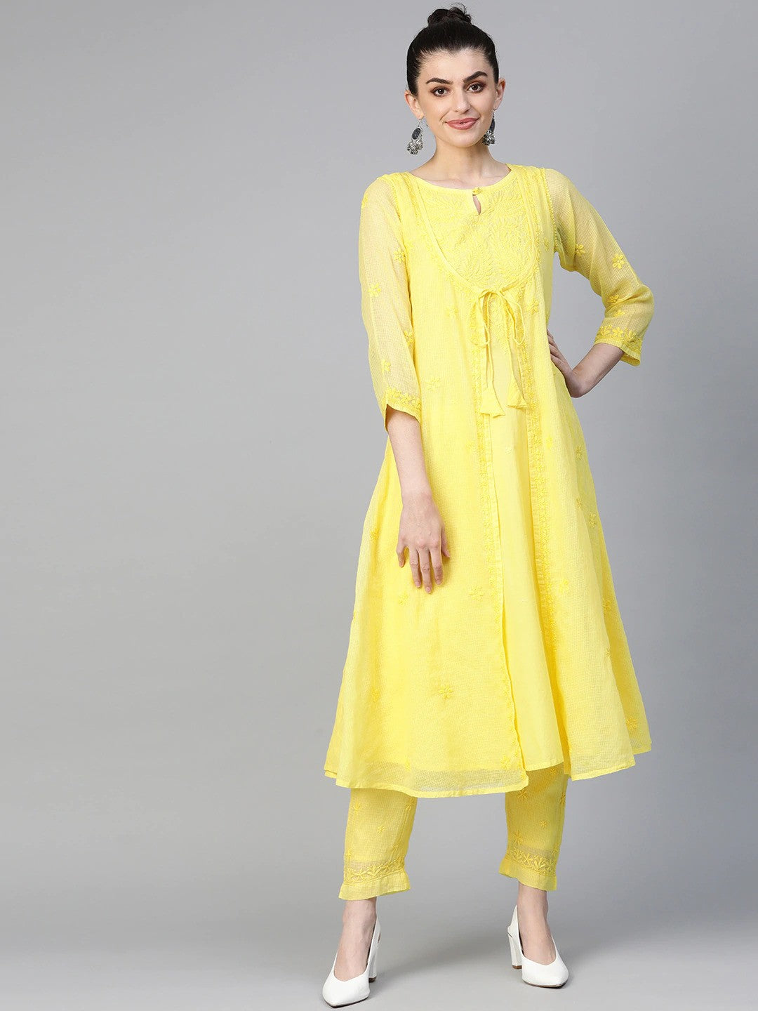 Ada Hand Embroidered Yellow Kota Lucknowi Chikankari Kurta with Trouser Set A811145
