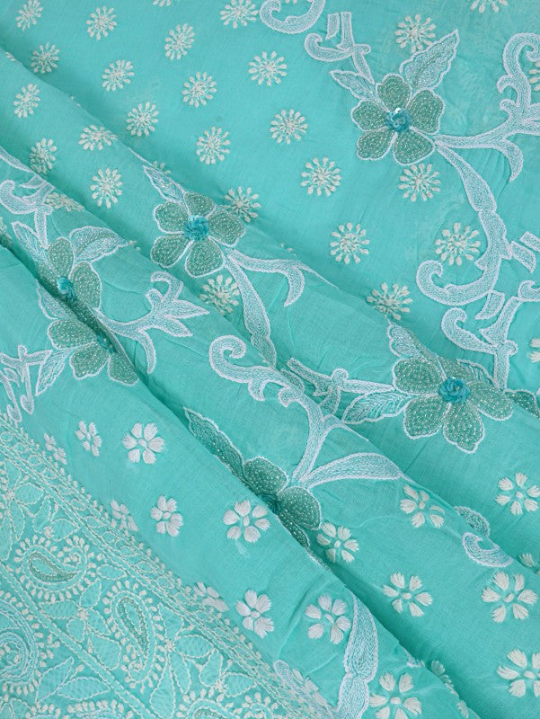 Ada Hand Embroidered Sea Green Cotton Lucknowi Chikankari Unstitched Suit Piece With Pearl Work 01A184312