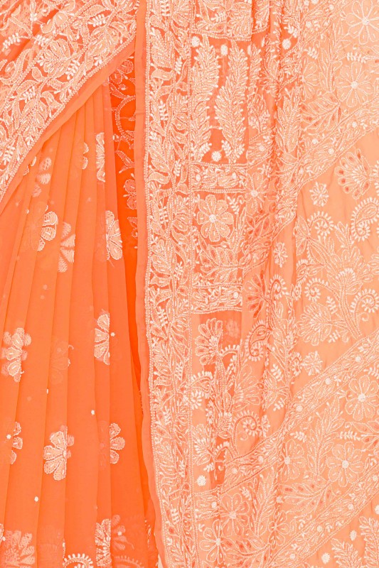 Ada Hand Embroidered Blaze Orange Georgette Lucknowi Chikankari Saree with Blouse With Sequinned Work A588604
