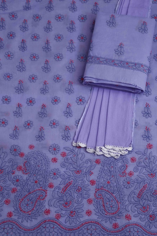 Ada Hand Embroidered Mauve Cotton Lucknowi Chikan Unstitched Suit Piece–A100252