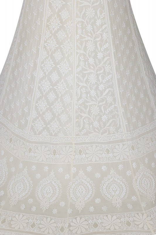 Ada Hand Embroidered White Pure Georgette Lucknowi Chikankari Lehenga Set A594297