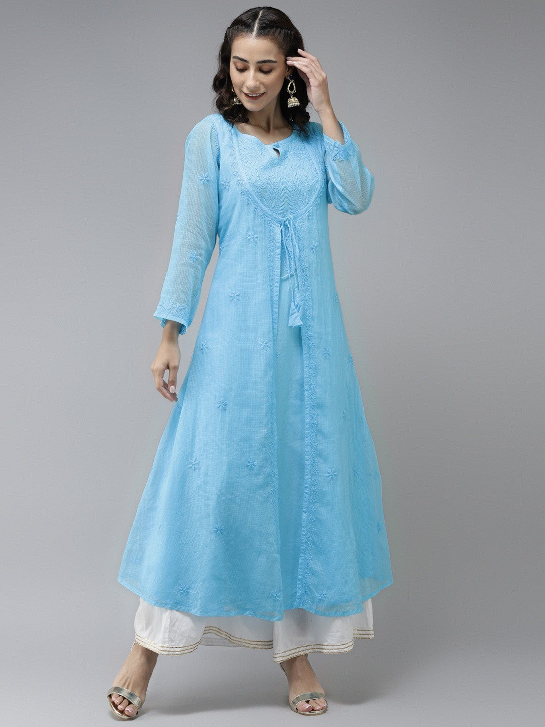 Ada Hand Embroidered Firozi Blue Kota Lucknowi Chikankari A-Line Kurta A411231