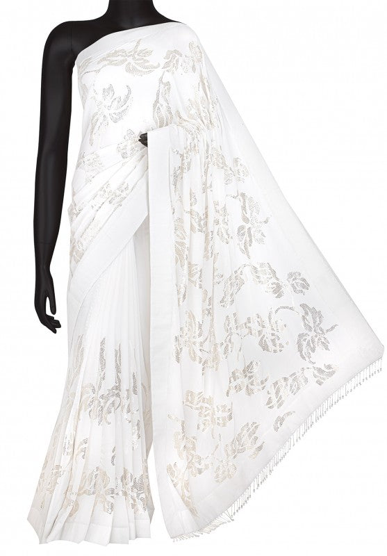 Ada Hand Embroidered White Pure Georgette Lucknowi Chikankari Saree / Blouse With Muqaish Work- A603605