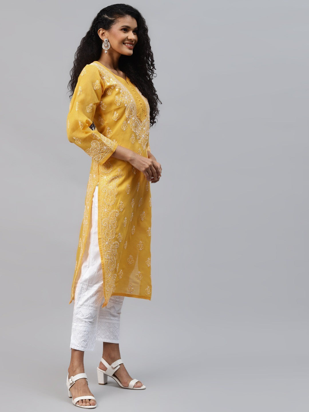 Ada Hand Embroidered Mustard Cotton Lucknow Chikankari Straight Kurta A263262