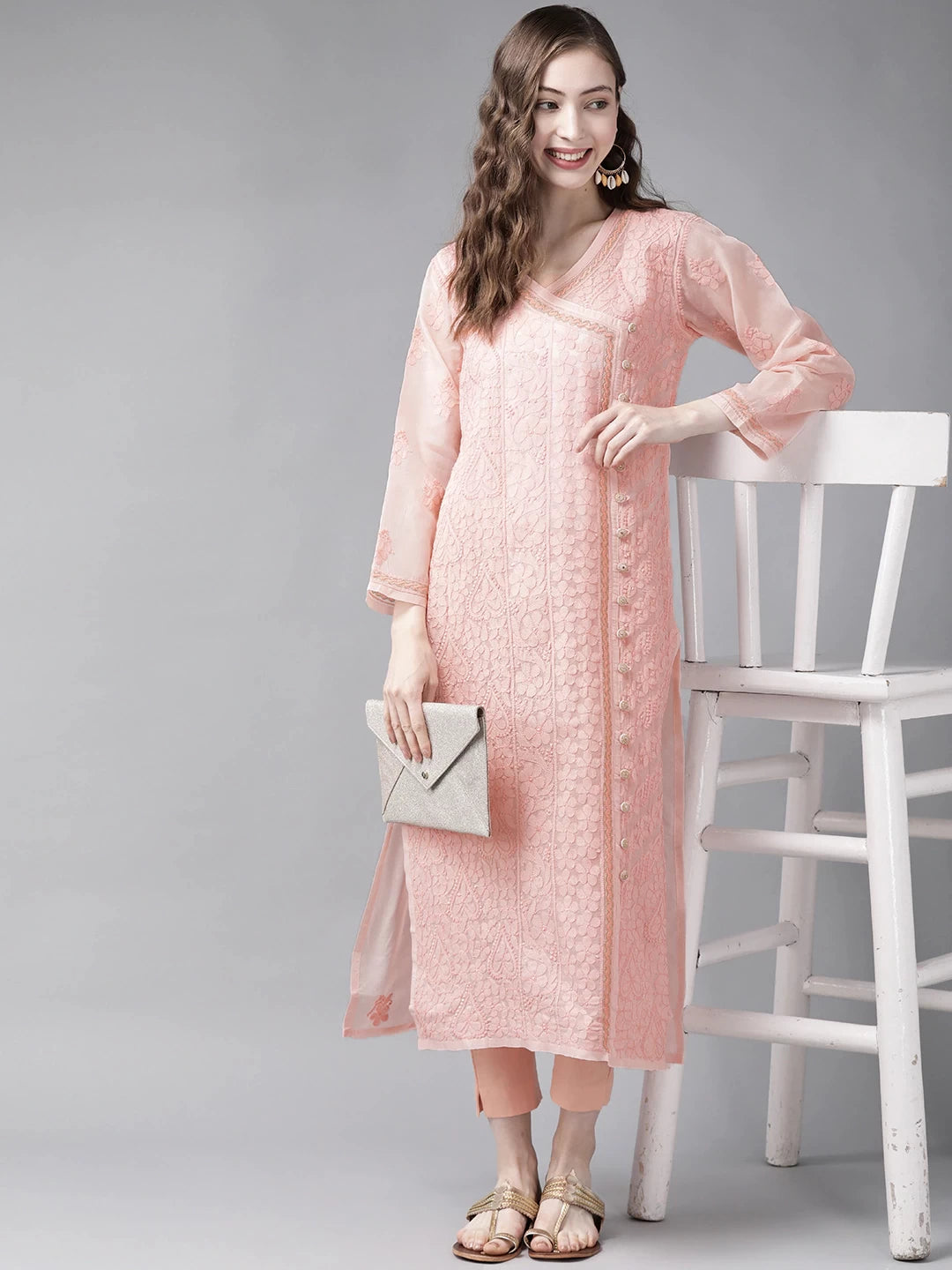 Ada Hand Embroidered Peach Cotton Lucknow Chikan Kurta-A411253