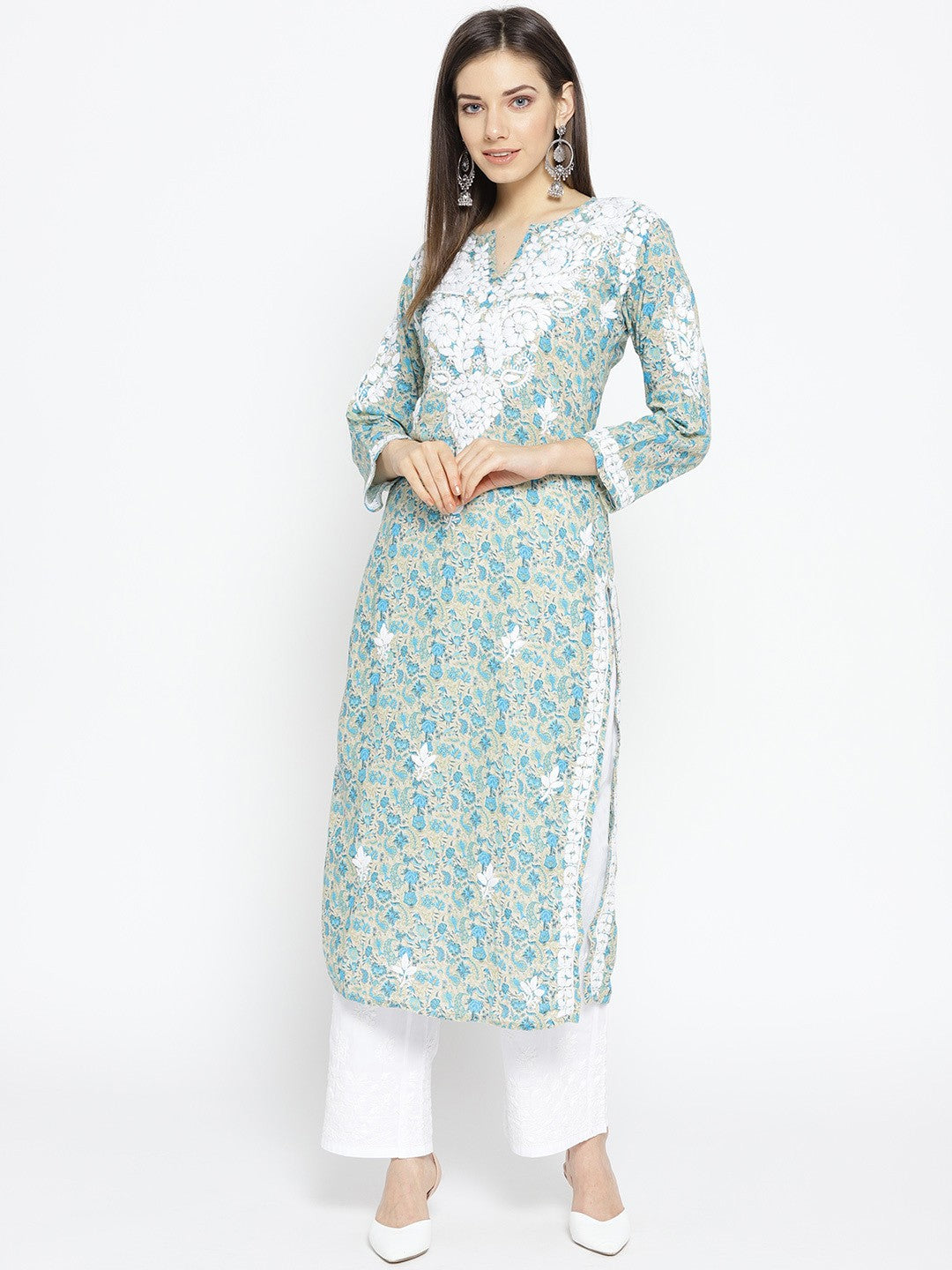 Ada Hand Embroidered Fawn Blue Cotton Lucknow Chikankari Kurta- A100032