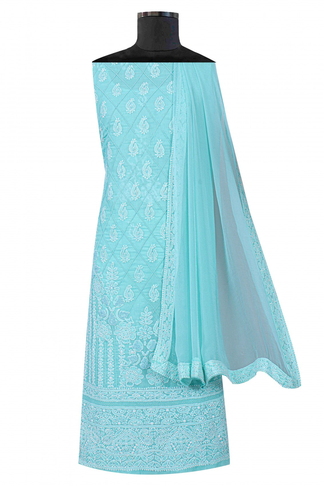 Ada Hand Embroidered Sea Green Cotton Lucknowi Chikankari Unstitched Suit Piece With Pearl Work 01A167494