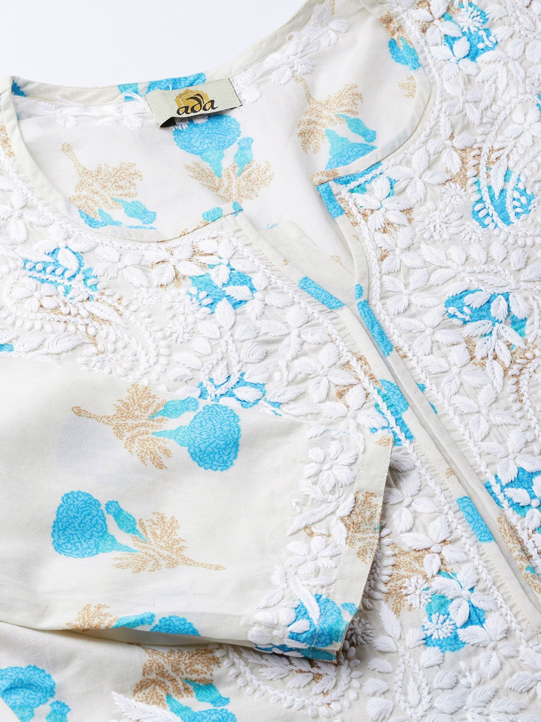 Ada Hand Embroidered Fawn Blue Cotton Lucknowi Chikankari Straight Kurta- A100036