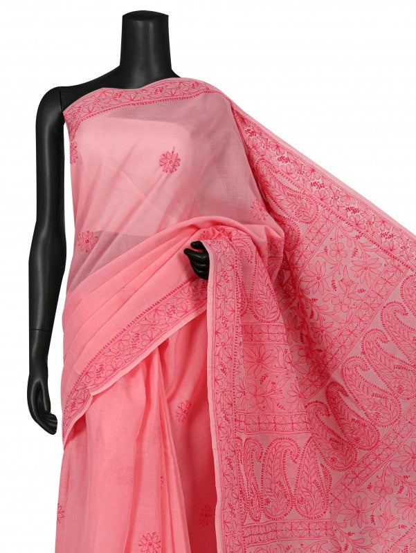 Ada Hand Embroidered Pink Cotton Lucknowi Chikankari Saree with Blouse A590179