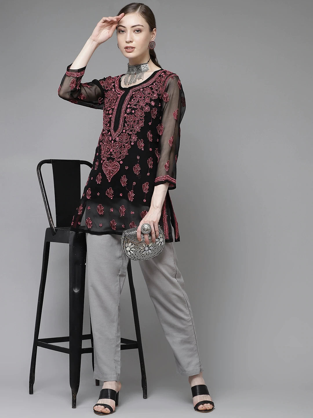 Ada Hand Embroidered Black Georgette Lucknow Chikan Kurti with slip A911136