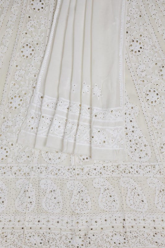 Ada Hand Embroidered White Pure Georgette Lucknowi Chikankari Semi-stitched Anarkali Kurta Dupatta Set With Muqaish Work- A625852