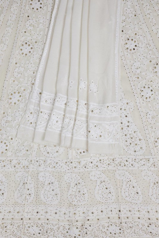 Ada Hand Embroidered White Pure Georgette Lucknowi Chikankari Semi-stitched Anarkali Kurta Dupatta Set With Muqaish Work- A625852
