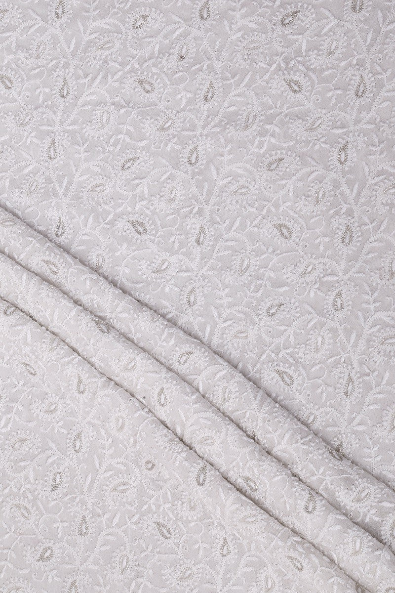 Ada Hand Embroidered White Pure Georgette Chikan Unstitched Kurta Dupatta Set With Pearl Work- A425092