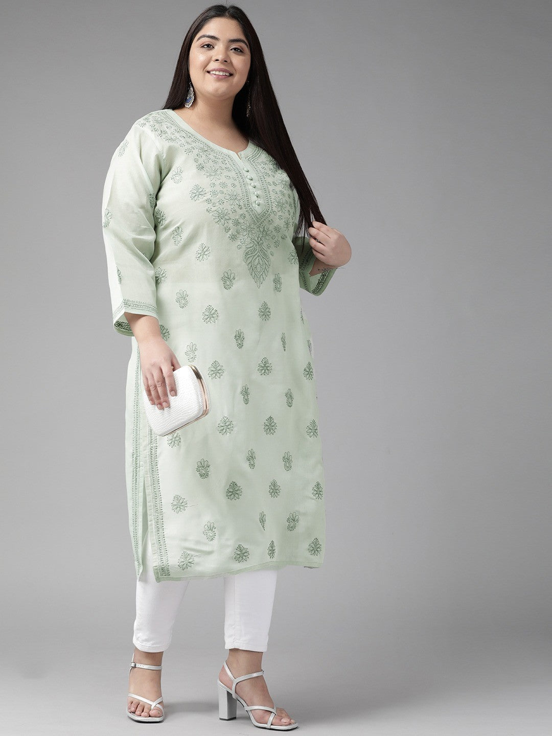 Ada Hand Embroidered Light Grey Cotton Lucknow Chikan Kurta A227152