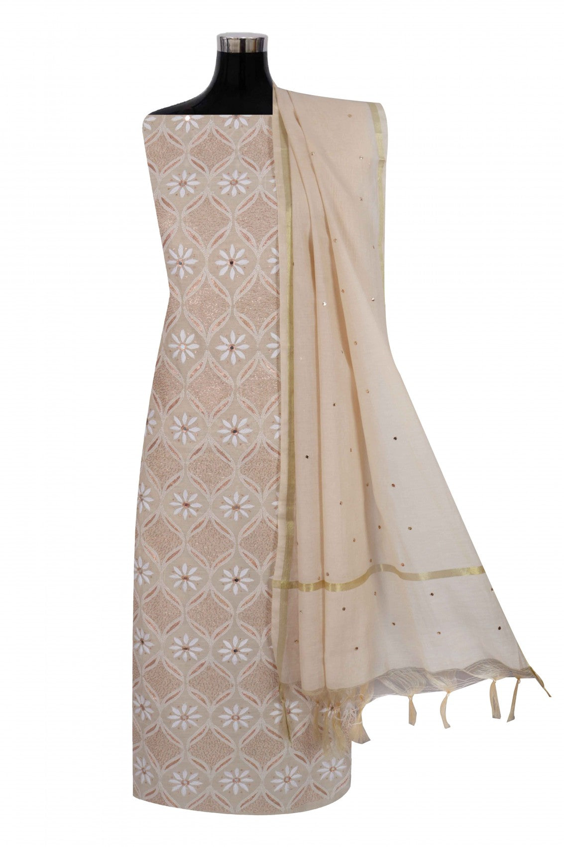 Ada Hand Embroidered Natural Light Fawn Tissue Lucknowi Chikankari Unstitched Suit Piece With Zari Work 01A42153
