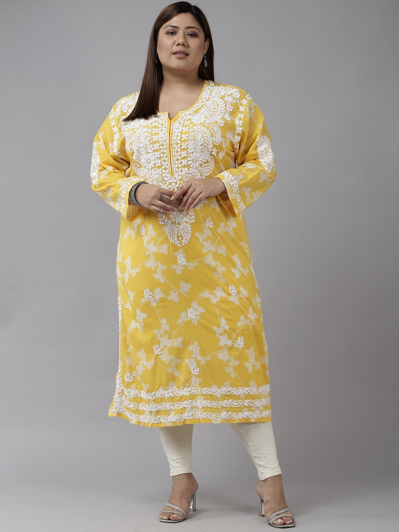 Ada Hand Embroidered Yellow Cotton Lucknowi Chikan Kurta A411268