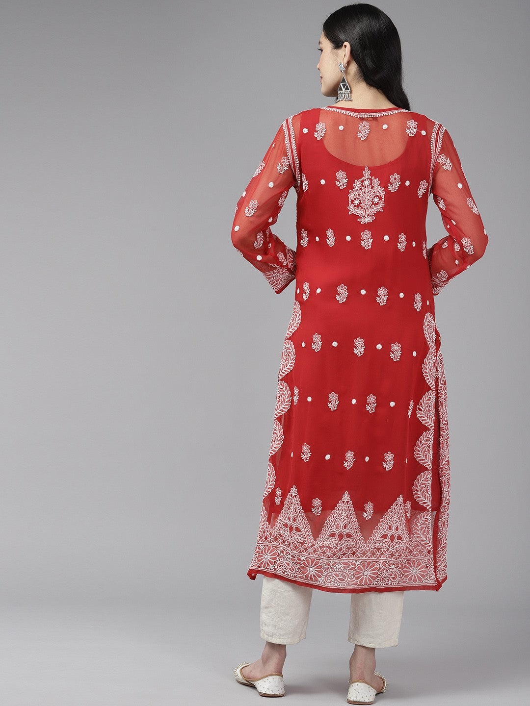 Ada Hand Embroidered Red Georgette Lucknowi Chikankari Straight Kurta With Slip A411425