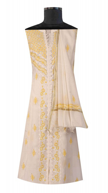 Ada Hand Embroidered White Chanderi Lucknowi Chikankari Unstitched Kurta Dupatta Set With Muqaish Work A326791