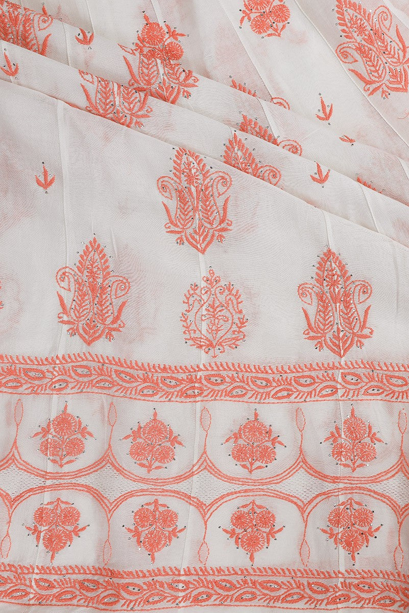 Ada Hand Embroidered White Chanderi Lucknowi Chikankari Semi-Stitched Anarkali Kurta Piece With Muqaish Work A604143