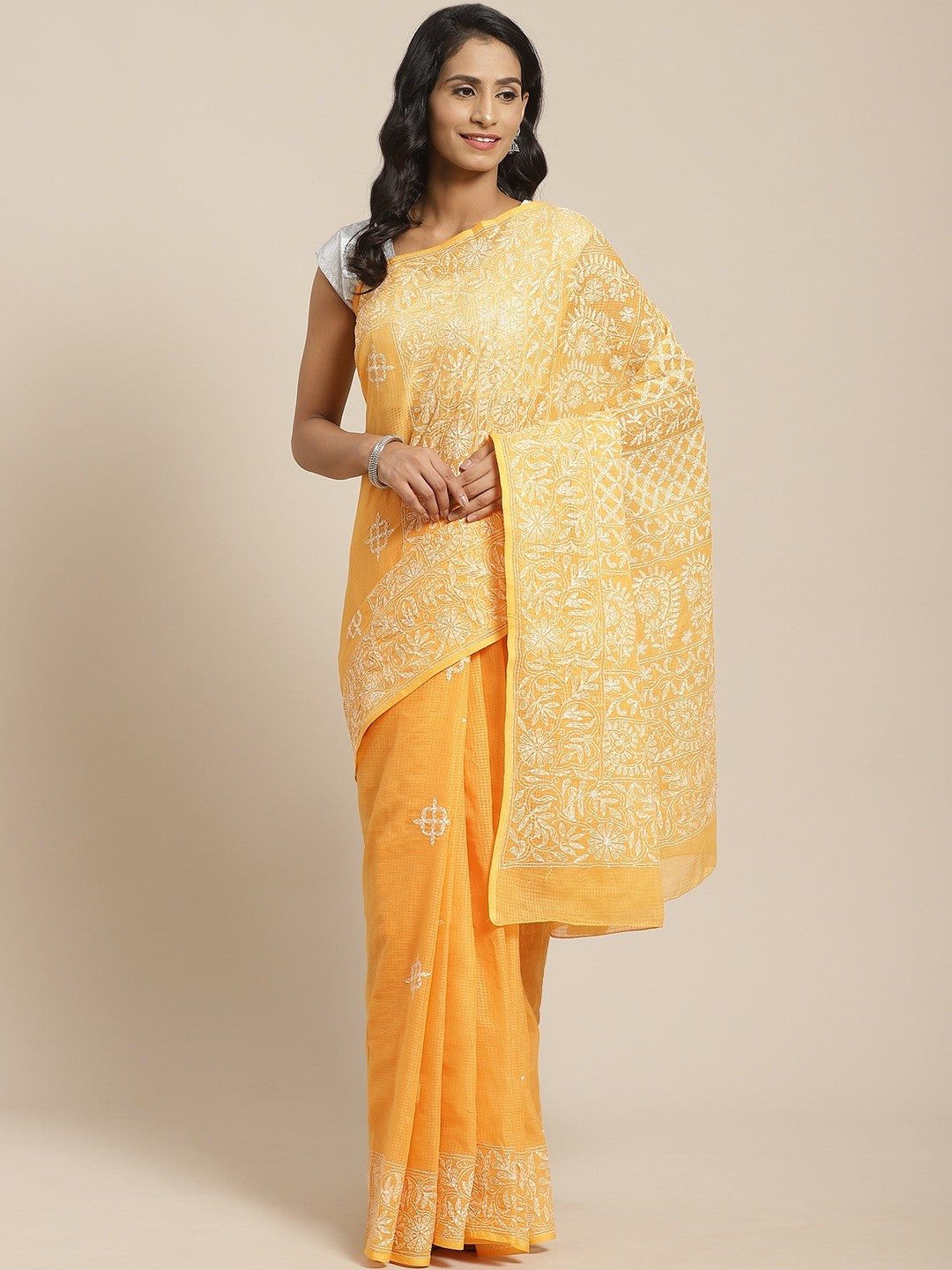 Ada Hand Embroidered Mustard Kota Lucknow Chikan Saree With Blouse- A311115