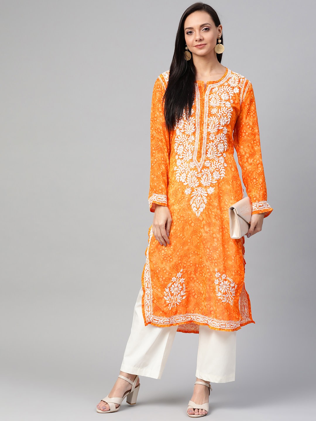 Ada Hand Embroidered Orange Faux Georgette Lucknow Chikankari Kurta- A100463