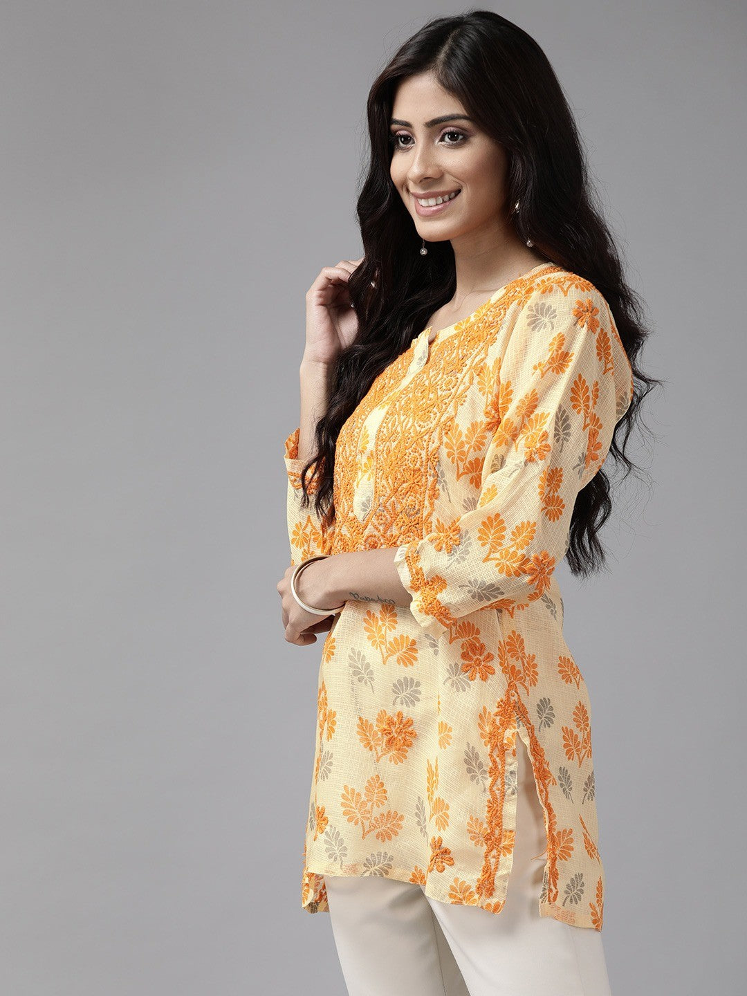 ADA Hand Embroidered Lemon Kota Lucknowi Chikankari Short Kurti A911143